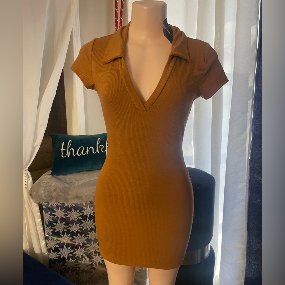 NWT Publik Brown knit Dress Fall Rust Stripe detail bodycon Small